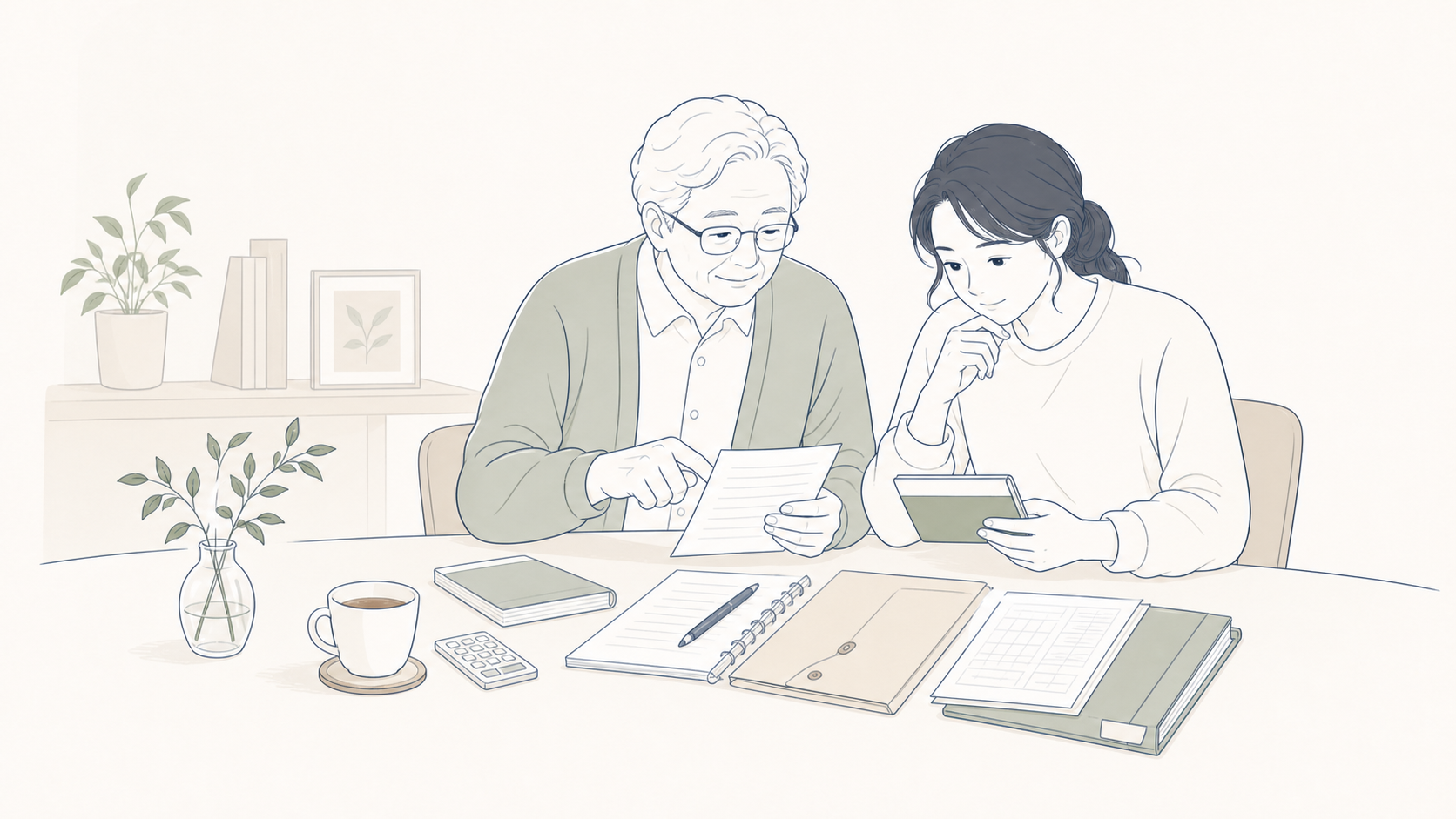 通帳や保険証券の保管場所を手帳に整理している線画イラスト