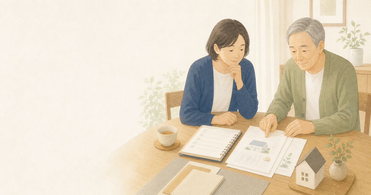 親子が落ち着いて今後の暮らしについて話し合う線画イラスト