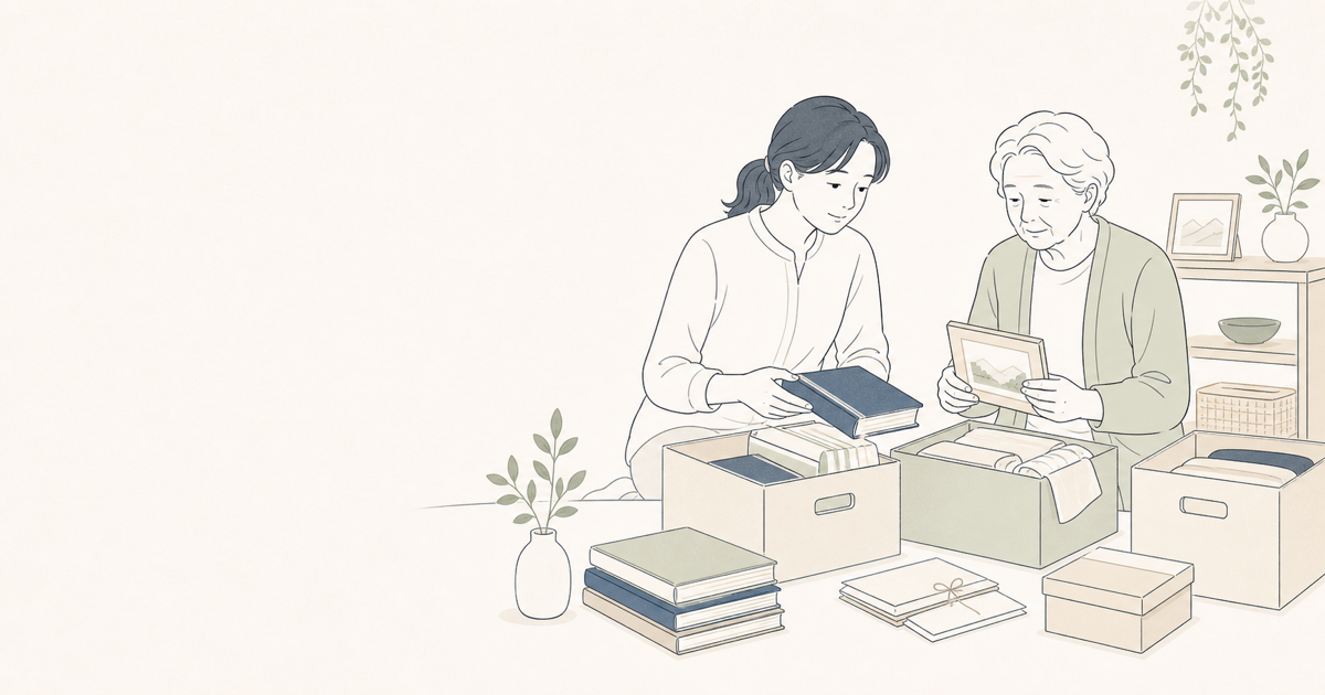 親子が実家の思い出の品と書類を整理している線画イラスト