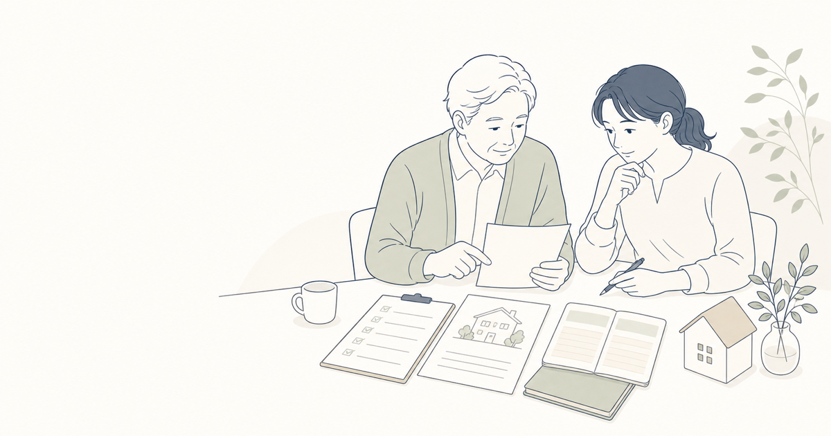親の家が空き家になりそうなときの準備について家族で確認する線画イラスト