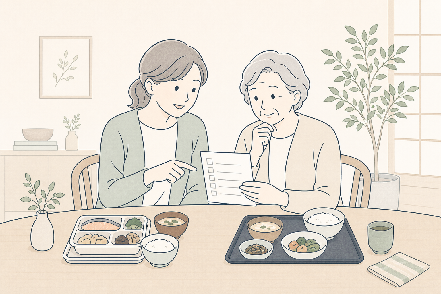 宅食は親の好み、受け取りやすさ、保管のしやすさまで含めて考える線画イラスト