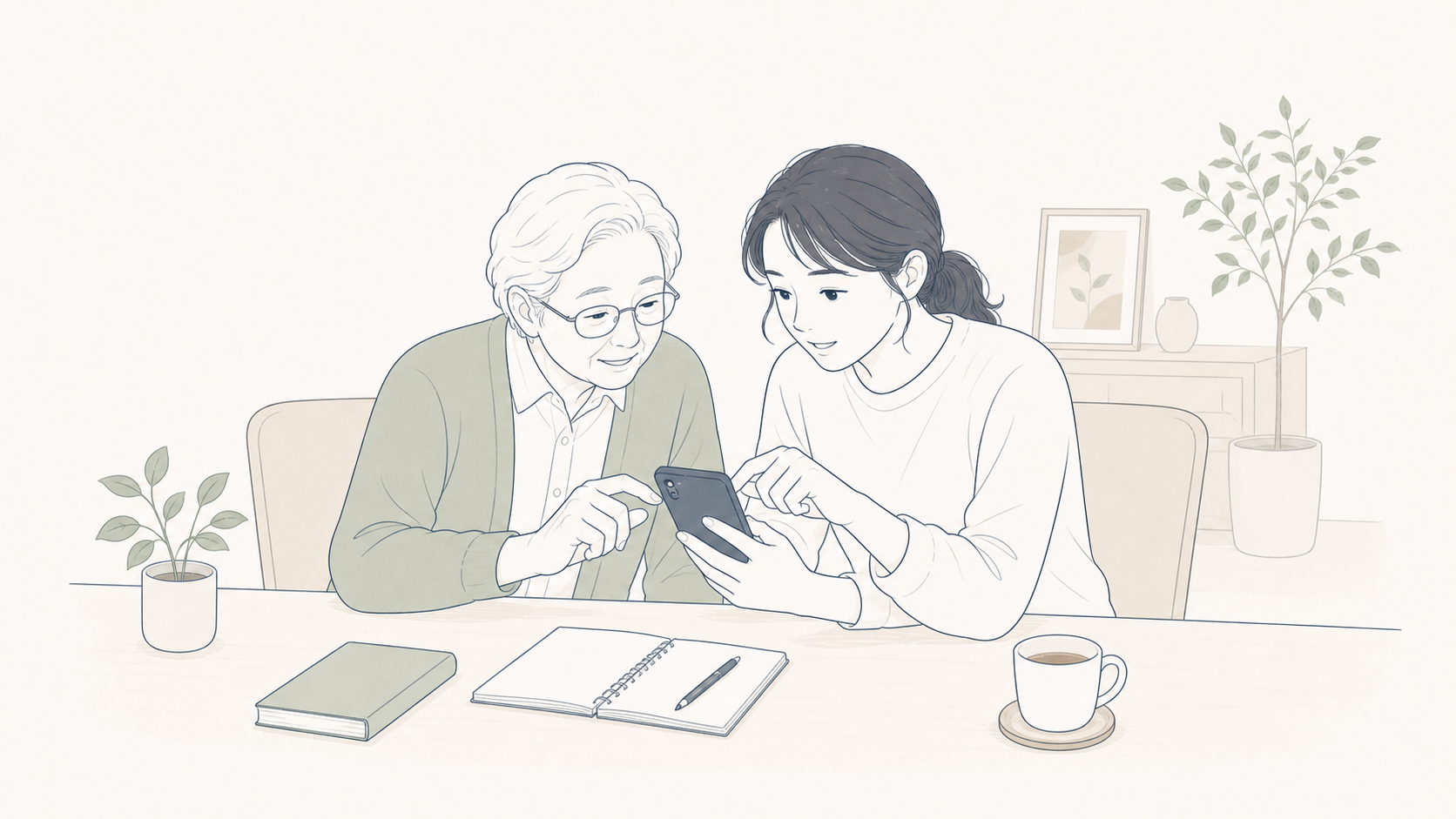 親が電話に出ないときに慌てないための準備について家族で確認する線画イラスト